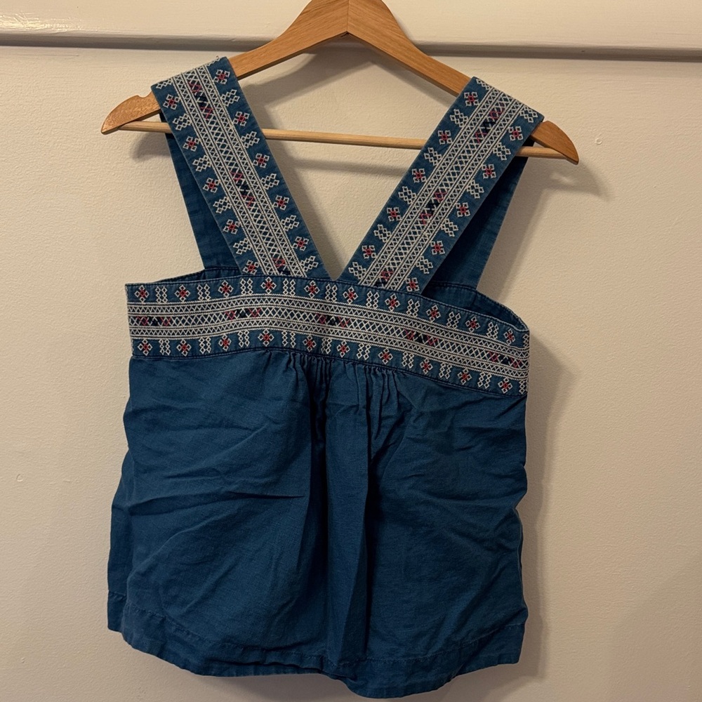 Madewell blue linen Embroidered Blouse